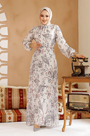 Çiçek Desenli Ekru Tesettür Elbise 27972E