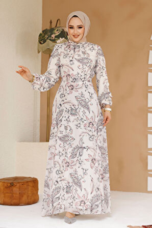 Çiçek Desenli Ekru Tesettür Elbise 27972E