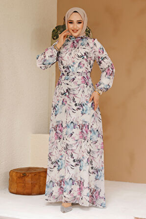 Çiçek Desenli Ekru Tesettür Elbise 27973E