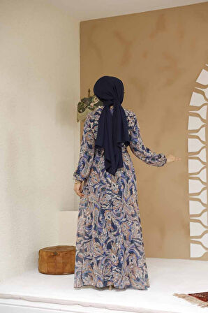 Çiçek Desenli Petrol Mavisi Tesettür Elbise 27975PM