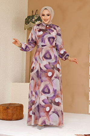 Desenli Lila Tesettür Elbise 27976LILA