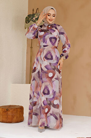 Desenli Lila Tesettür Elbise 27976LILA