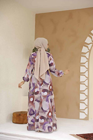 Desenli Lila Tesettür Elbise 27976LILA