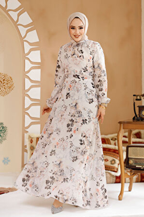 Çiçek Desenli Bej Tesettür Elbise 27981BEJ