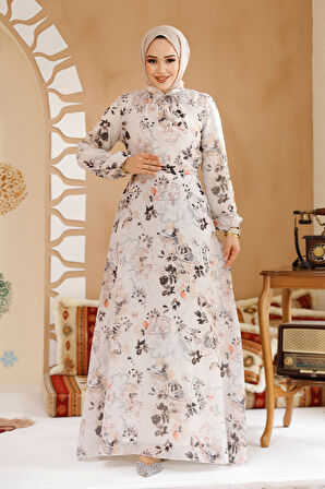 Çiçek Desenli Bej Tesettür Elbise 27981BEJ