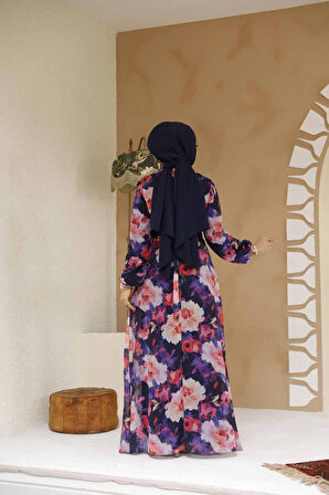 Çiçek Desenli Lacivert Tesettür Elbise 27983L