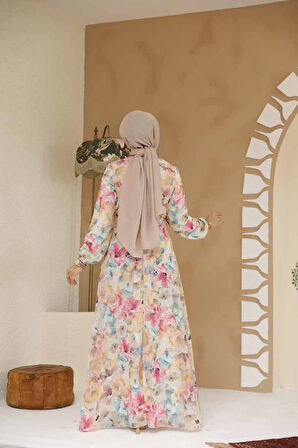Çiçek Desenli Sarı Tesettür Elbise 27984SR