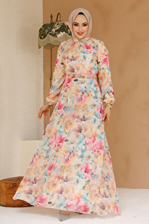 Çiçek Desenli Sarı Tesettür Elbise 27984SR