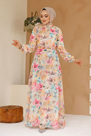 Çiçek Desenli Sarı Tesettür Elbise 27984SR