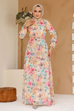 Çiçek Desenli Sarı Tesettür Elbise 27984SR