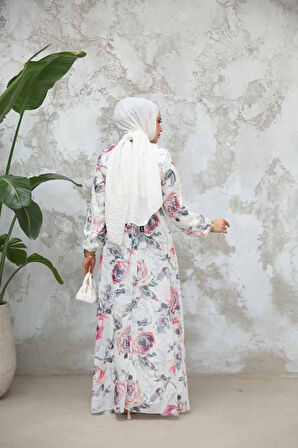 Çiçek Desenli Bej Tesettür Elbise 27986BGR