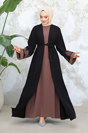 Nakış Desenli Siyah Koyu Vizon Tesettür Abaya Takım 29128SKV