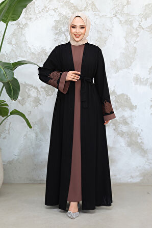 Nakış Desenli Siyah Koyu Vizon Tesettür Abaya Takım 29128SKV