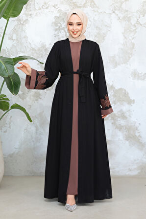 Nakış Desenli Siyah Koyu Vizon Tesettür Abaya Takım 29128SKV