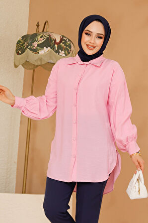 Düğmeli Pembe Tesettür Tunik 10059P