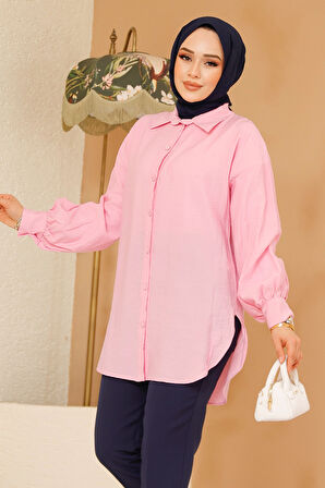Düğmeli Pembe Tesettür Tunik 10059P