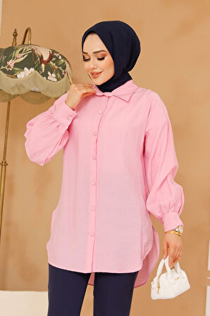Düğmeli Pembe Tesettür Tunik 10059P