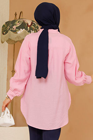 Düğmeli Pembe Tesettür Tunik 10059P