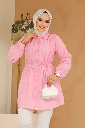 Düğmeli Pembe Tesettür Tunik 10025P