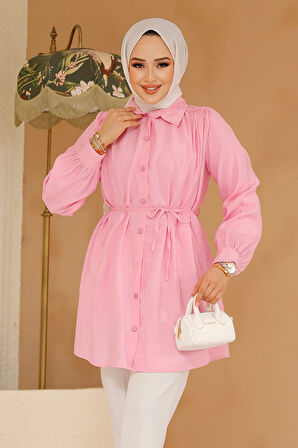 Düğmeli Pembe Tesettür Tunik 10025P