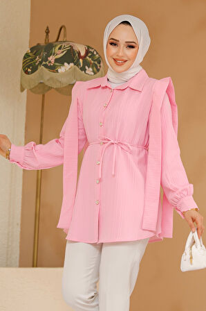 Omuzları Kuşak Detaylı Pembe Tesettür Tunik 10131P