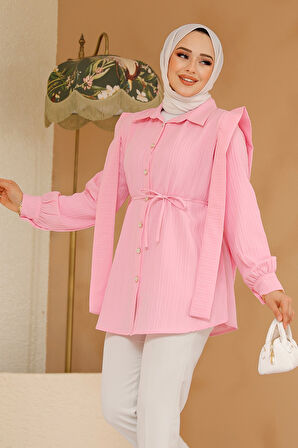 Omuzları Kuşak Detaylı Pembe Tesettür Tunik 10131P