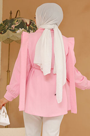 Omuzları Kuşak Detaylı Pembe Tesettür Tunik 10131P
