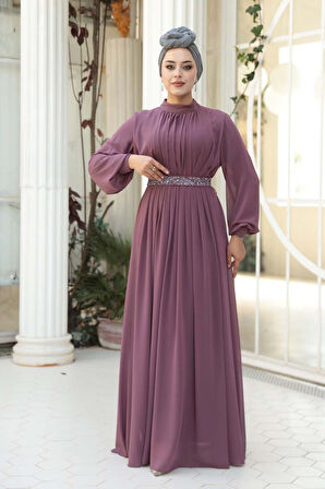 Pileli Gül Kurusu Tesettür Abiye Elbise 25888GK
