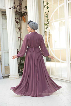 Pileli Gül Kurusu Tesettür Abiye Elbise 25888GK