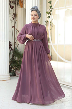 Pileli Gül Kurusu Tesettür Abiye Elbise 25888GK