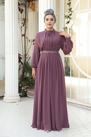 Pileli Gül Kurusu Tesettür Abiye Elbise 25888GK