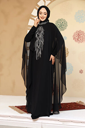 Panço Detaylı Siyah Tesettür Abaya 25914S