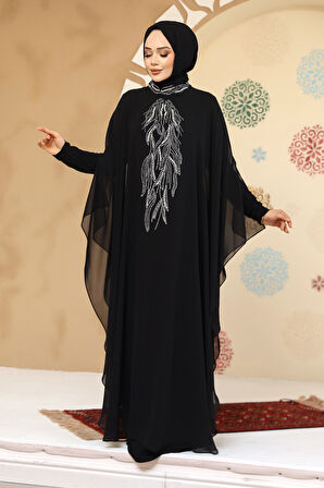 Panço Detaylı Siyah Tesettür Abaya 25914S