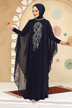 Panço Detaylı Lacivert Tesettür Abaya 25914L