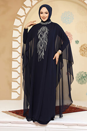 Panço Detaylı Lacivert Tesettür Abaya 25914L