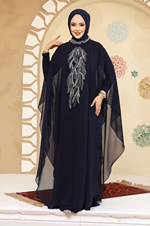 Panço Detaylı Lacivert Tesettür Abaya 25914L