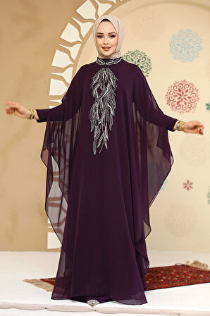 Panço Detaylı Koyu Mor Tesettür Abaya 25914KMOR