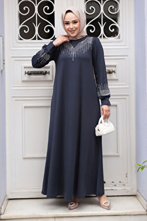 Boncuk İşlemeli Lacivert Tesettür Elbise 23815L