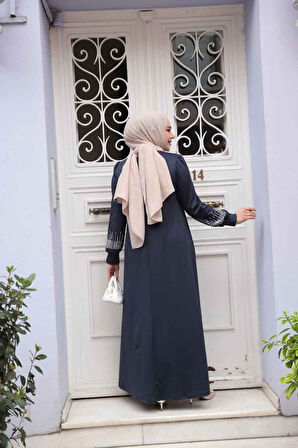 Boncuk İşlemeli Lacivert Tesettür Elbise 23815L