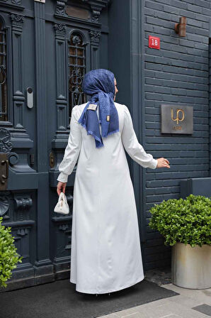 Boncuk İşlemeli Beyaz Tesettür Elbise 23815B