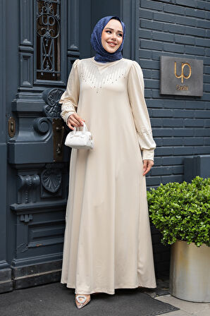 Boncuk İşlemeli Bej Tesettür Elbise 23815BEJ