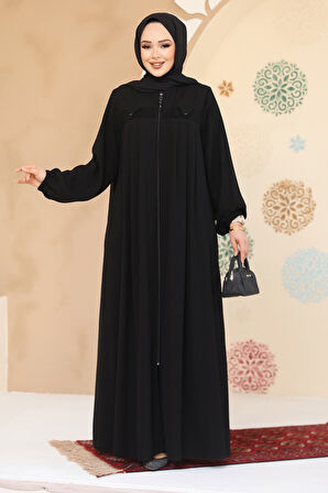 Fermuarlı Siyah Tesettür Abaya 45295S