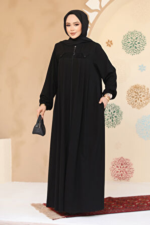 Fermuarlı Siyah Tesettür Abaya 45295S