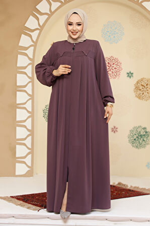 Fermuarlı Gül Kurusu Tesettür Abaya 45295GK