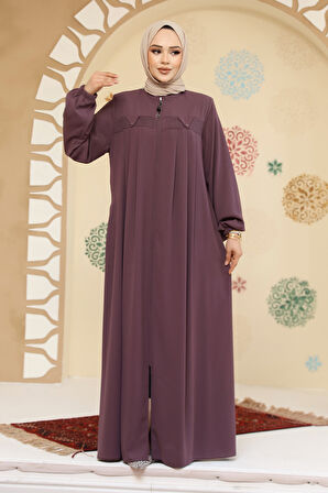 Fermuarlı Gül Kurusu Tesettür Abaya 45295GK