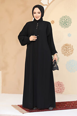 Pile Detaylı Siyah Tesettür Abaya 45296S
