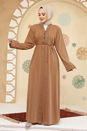 Fermuarlı Camel Tesettür Abaya 45297C