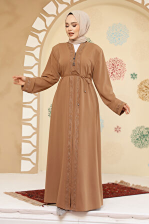 Fermuarlı Camel Tesettür Abaya 45297C