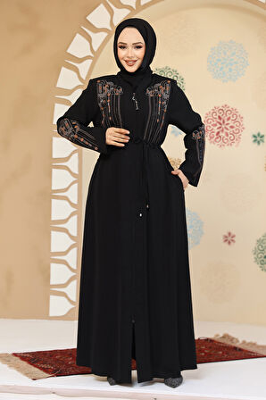 Desenli Siyah Tesettür Abaya 45302S