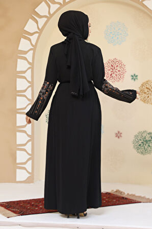 Desenli Siyah Tesettür Abaya 45302S